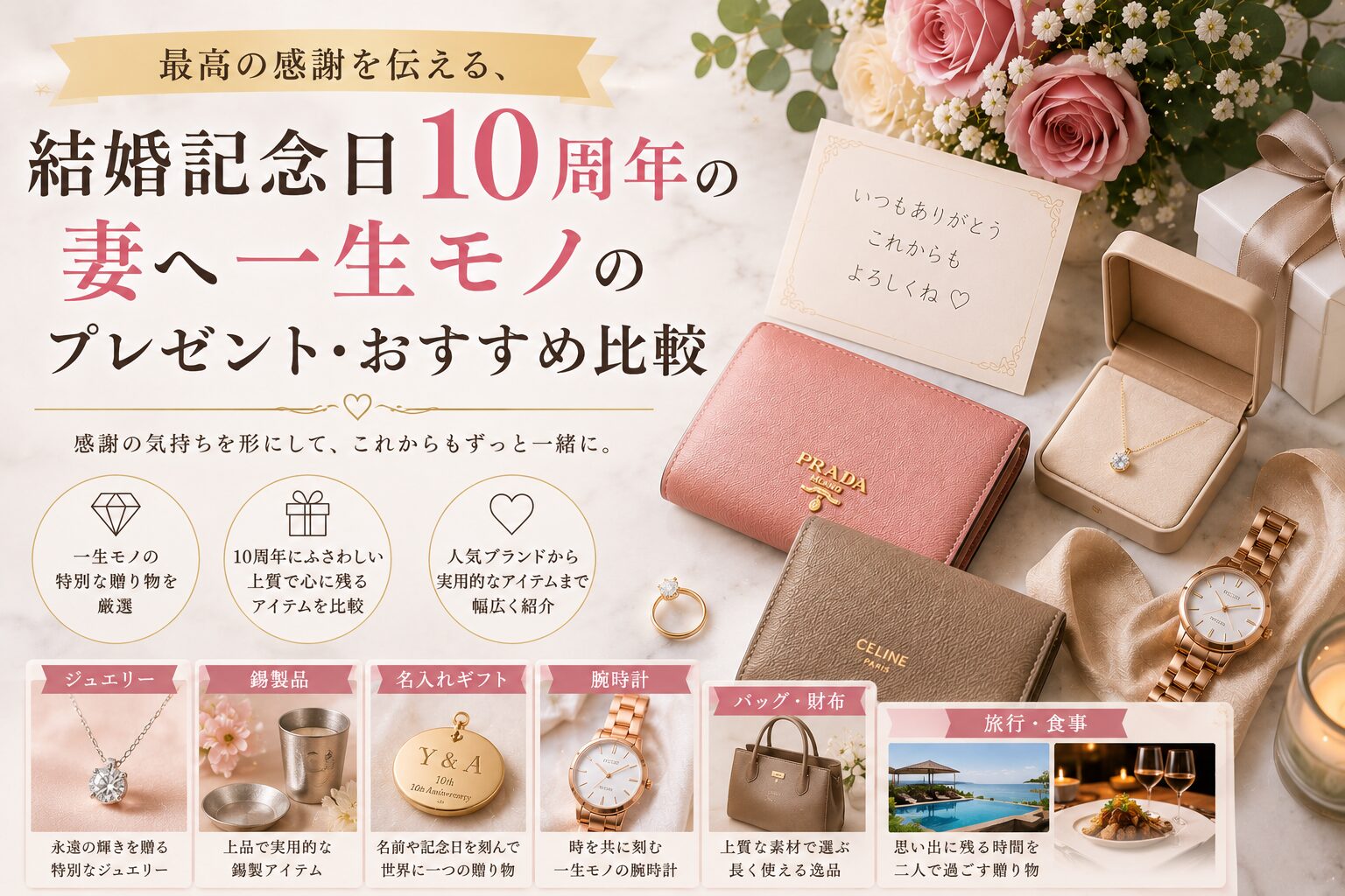 最高の感謝を伝える、結婚記念日10周年の妻へ一生モノのプレゼント・おすすめ比較