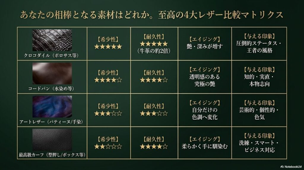 メンズサイズの素材で印象が変わる、あなたの相棒となる素材はどれか?志向の4大レザー比較マトリクス