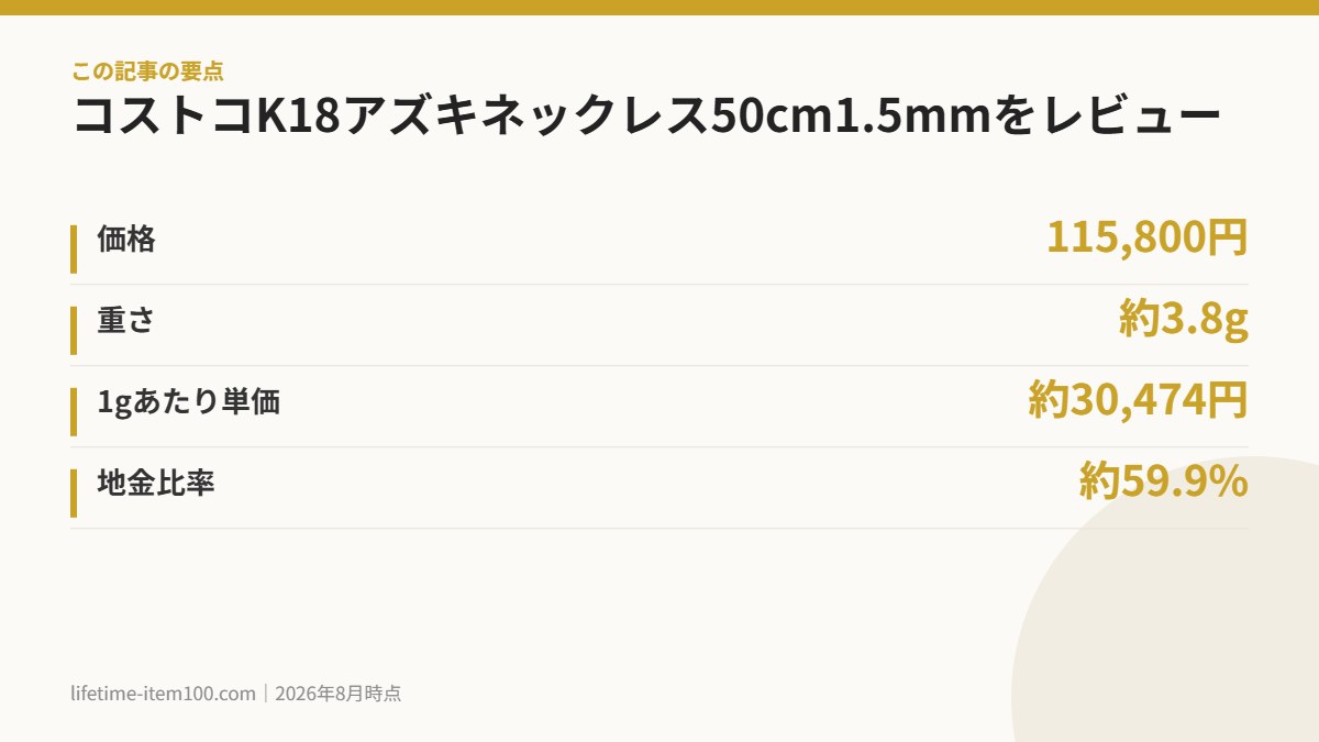コストコK18アズキネックレス50cm1.5mmをレビュー の要点まとめ